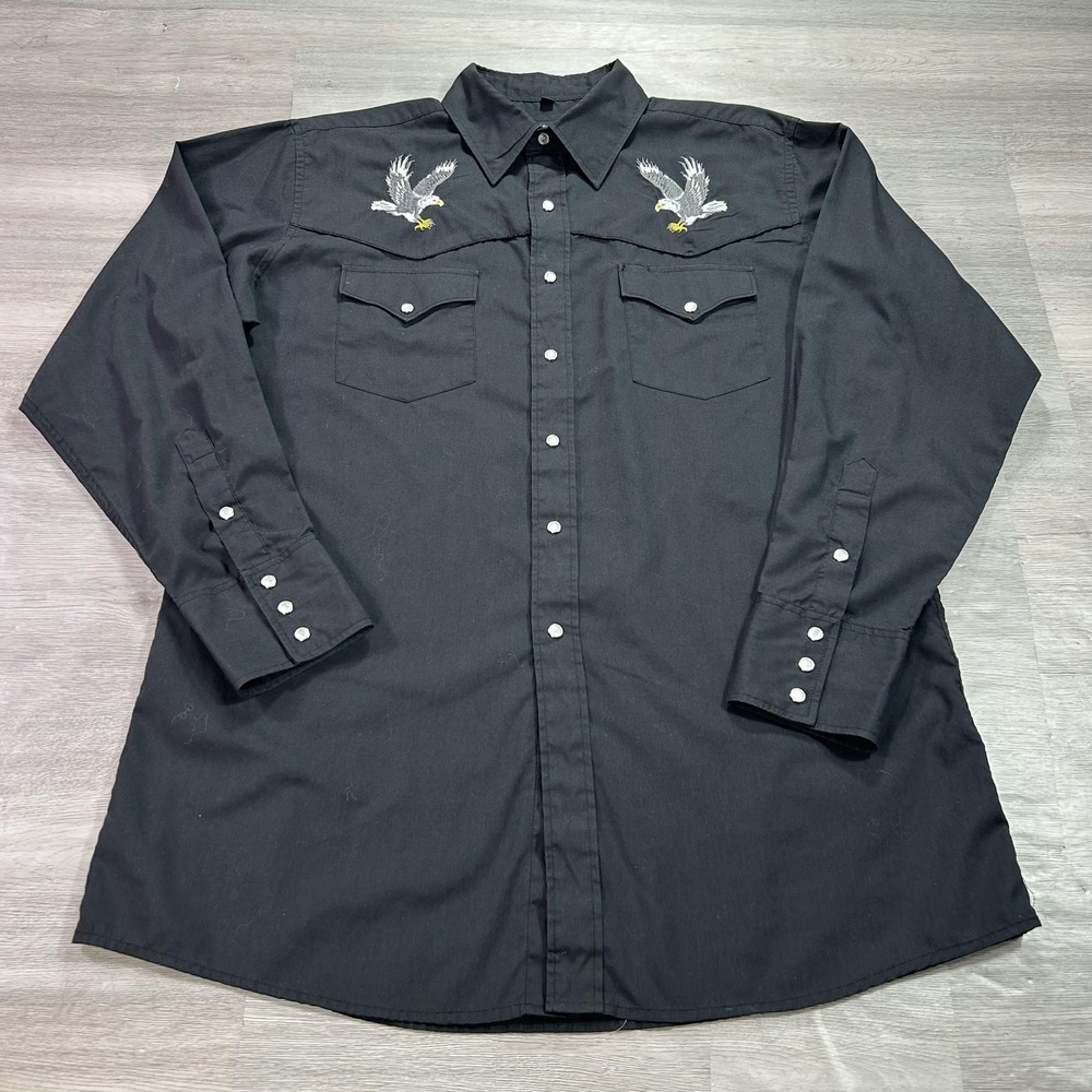 White Horse Shirt Mens Large Black Western Snap Eagle Embroidered Long Sleeve